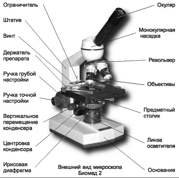 Uređaj mikroskopa, struktura mikroskopa Struktura svjetlosnog mikroskopa s potpisima